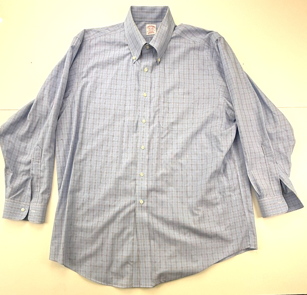 Brooks Brothers Madison Shirt Mens 17.5 34 Blue Plaid Non Iron Supima Cotton LS